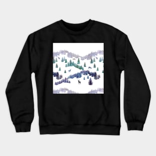 Winter snow  mountains landscape with spruce trees and deers silhouettes Crewneck Sweatshirt